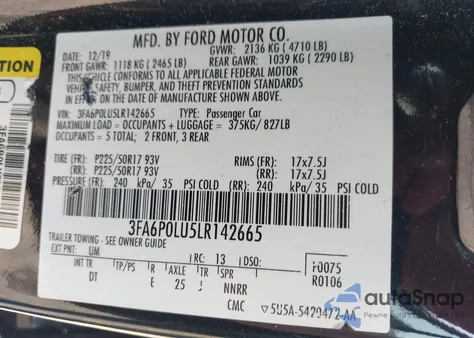 2020 Ford Fusion Hybrid Se from USA, damaged, VIN 3FA6P0LU5LR142665